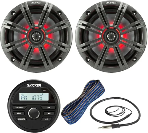 Kicker Paquete de receptor estéreo USB Bluetooth estilo marino para todo tipo de clima con (cantidad 2) altavoz LED marino coaxial coaxial de 6.5