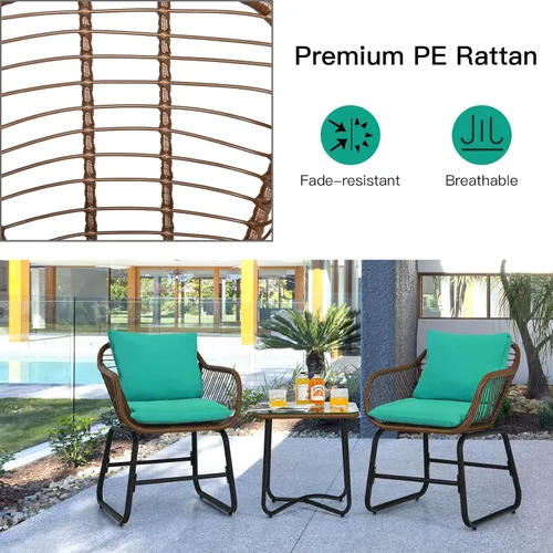 Miniatura 6 de COSTWAY Juego de 3 piezas de ratán para patio, silla acolchada, cubierta de mesa de cristal, turquesa