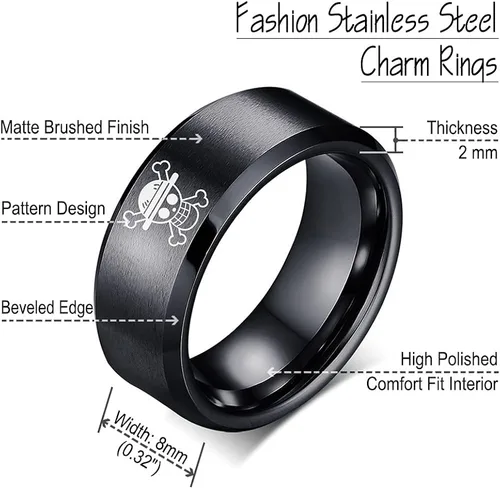 Miniatura 5 de Anillo de anime de una pieza de acero inoxidable negro para hombres, anillo de anime Luffy para niños, joyería de anime de 0.315in, Acero