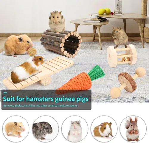 Miniatura 7 de Accesorios para jaula de hámster YIXUND, 12 juguetes diferentes para masticar para conejillo de indias, chinchillas, jerbos, ratones, ratas, ratón