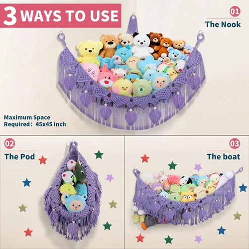 Miniatura 5 de Hamaca para Animales de Peluche de Esquina - 142 cm Jumbo Hecha a Mano de 5mm de Doble Cordón de Macramé para Almacenamiento de Animales de Peluche
