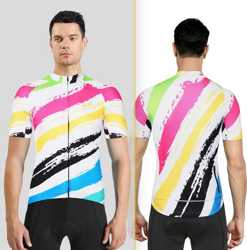 Miniatura 4 de ARSUXEO Camiseta de ciclismo de manga corta para hombre, camiseta de ciclismo de montaña MTB con bolsillos con cremallera reflectante