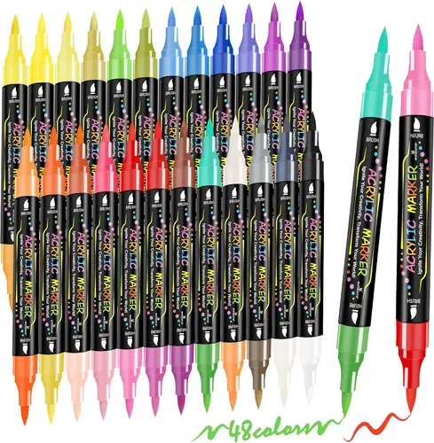 WINSONS Marcadores de pintura acrílica de doble punta de 48 colores, juego de 24 bolígrafos de pintura acrílica permanente, impermeables, de secado