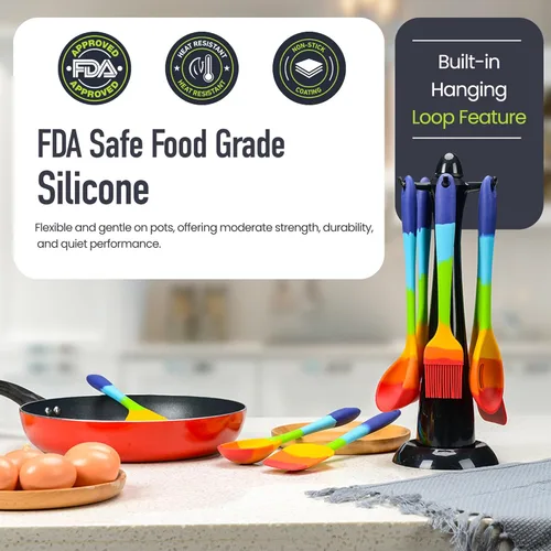 Miniatura 7 de Juego de espátulas de silicona arcoíris de 9 piezas con pinzas, utensilios de cocina multicolores resistentes al calor para utensilios de cocina