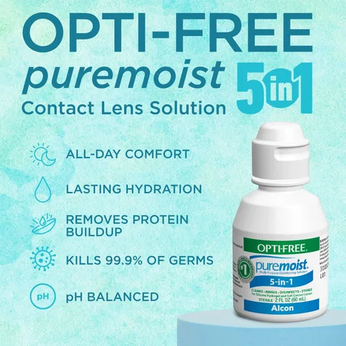 Miniatura 3 de Opti-Free Puremoist Solución multiusos de limpieza y desinfección de lentes de contacto con estuche para lentes, 2 onzas líquidas (paquete de 1)