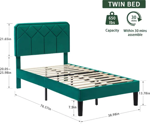 Miniatura 2 de VECELO Base de cama tamaño individual con plataforma tapizada de cuero de alta calidad con cabecera ajustable en altura / base de colchón, soporte