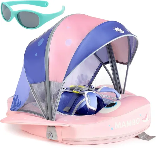 Miniatura 12 de Mambobaby Flotador con Toldo y Cola Nuevo Mejorado Flotador de Piscina No Inflable para Bebé Flotador de Natación Mambo Entrenador de Natación azul