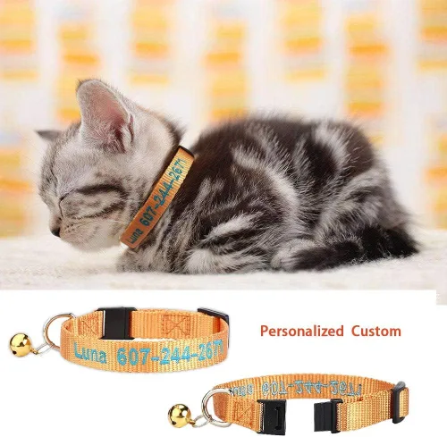 Miniatura 3 de 1 collar de gato personalizado con campana, collares de gato personalizados con nombre y número de teléfono, collar de identificación bordado