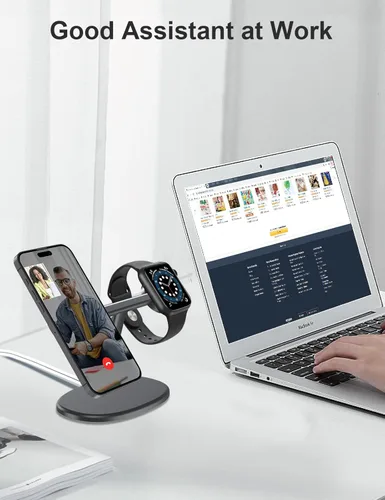 Miniatura 5 de EWA Soporte de carga MagSafe 2 en 1 para iPhone 16/15/14/13/12 y Apple Watch Series, SE, ángulo de visión ultra ergonómico, base antideslizante