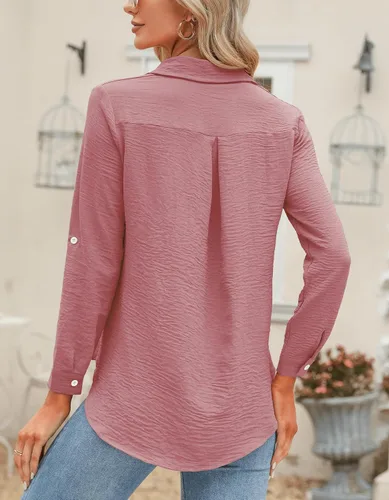 Miniatura 5 de Odosalii - Camisas con botones para mujer, con cuello en V, manga larga, enrolladas, blusas elegantes y formales para negocios y ocasiones casuales
