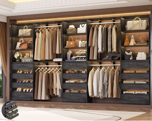 Miniatura 9 de Aheaplus Sistema de Armario con 8 Cajones de Madera, Sistema Organizador de Armario de Madera con Torre, Organizador de Vestidor Perchero de Armario
