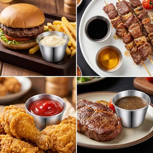 Miniatura 5 de Potchen 100 tazas de metal de 2.5 onzas para salsa, tazas de condimentos de acero inoxidable a granel, tazones de inmersión redondos, recipientes