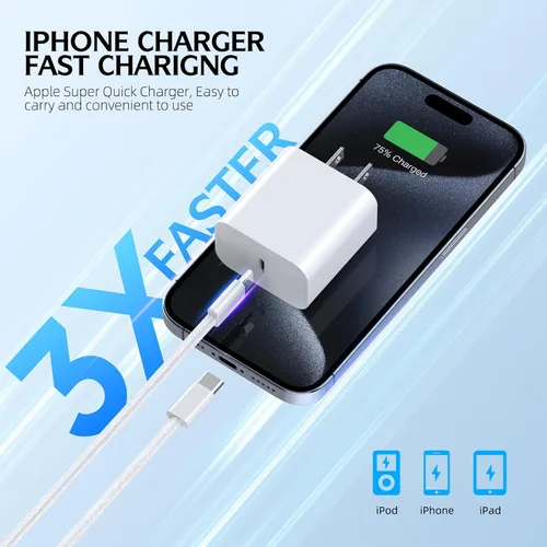 Miniatura 6 de Cargador de carga rápida para iPhone 17 16 15, paquete de 2 cables tejidos USB C de 10 pies de largo con bloque de carga rápida USBC de 20 W