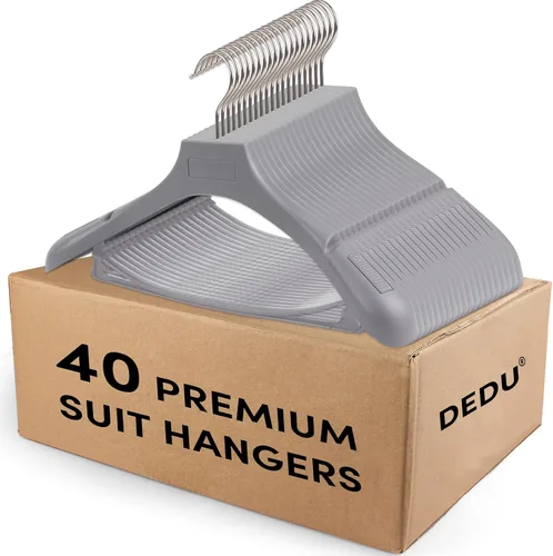 Miniatura 12 de DEDU Paquete de 15 perchas de traje para hombres, perchas marrones extra anchas antideslizantes de ancho 17.7 pulgadas, plástico grueso con barra