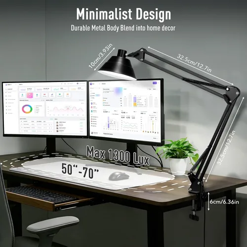 Miniatura 4 de Lámpara de escritorio LED para oficina en casa, lámpara de escritorio con brazo oscilante con abrazadera, lámpara de mesa de cuello de cisne Negro