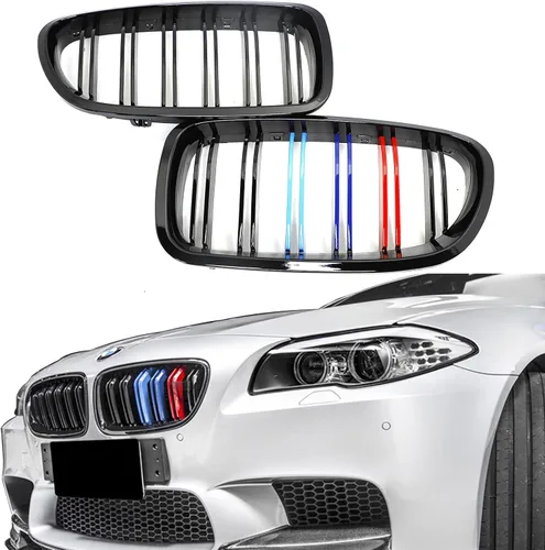 Miniatura 8 de Parrilla frontal F10 F18 compatible con BMW 5 Serie F10 F11 F18 M5 2010-2017, (juego de 2 rejillas dobles negras brillantes)