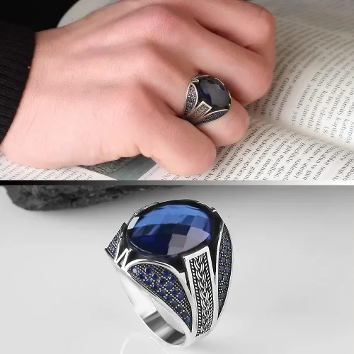 Miniatura 4 de Anillo de plata de ley 925 para hombre con piedra preciosa de zafiro, anillo de plata grabado hecho a mano, regalo para él, anillo de plata