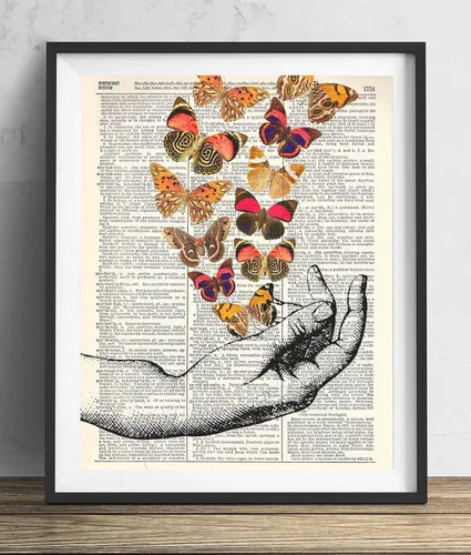 Mano con mariposas (#2), impresión artística de diccionario vintage, arte de pared antiguo para decoración del hogar, póster bohemio moderno,