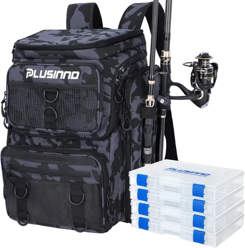 Miniatura 11 de PLUSINNO Mochila de aparejos de pesca con soportes para cañas, 42L resistente al agua bolsa de pesca tienda equipo de pesca, regalos de pescador