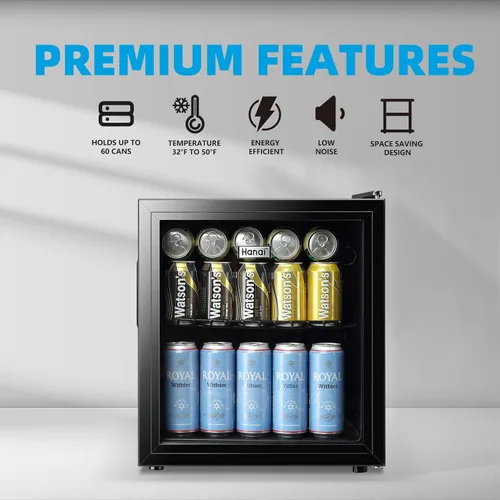 Miniatura 3 de WANAI Mini refrigerador de 60 latas, refrigerador de bebidas, puerta de vidrio, enfriador de bebidas para cervezas, exprimidor de vino, estantes