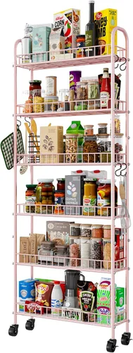 Miniatura 13 de Carrito de almacenamiento delgado rodante con ruedas, estantería móvil de metal de 6 niveles, organizador de cocina, carrito utilitario