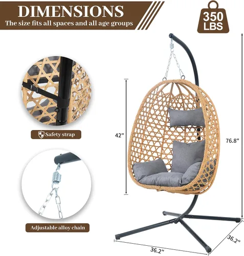 Miniatura 5 de Silla colgante de huevo con soporte y cojines, silla oscilante de ratán para todo tipo de clima para patio, balcón, jardín