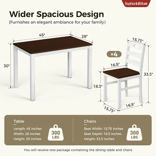 Miniatura 5 de Sophia & William Juego de mesa de comedor de 5 piezas para 4, juego de mesa y sillas de cocina de madera, mesa de comedor rectangular de 45 pulgadas