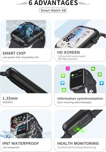 Miniatura 3 de Tuanzi X8S Reloj inteligente 2 en 1 con audífonos, TWS, Bluetooth, monitor de salud, reloj deportivo, rastreador de actividad (X8S-negro)
