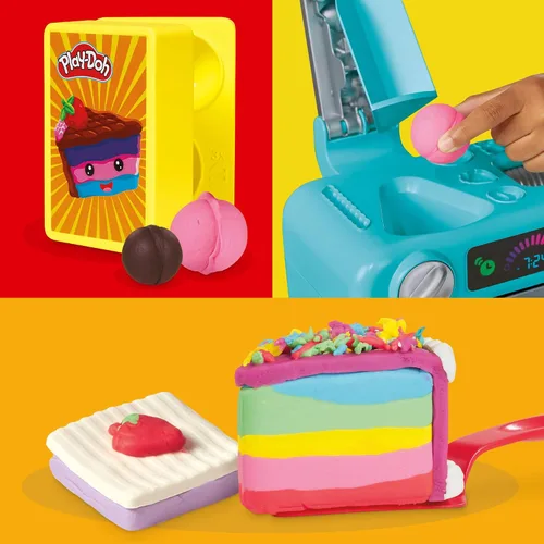 Miniatura 7 de Play-Doh Super Slice Cake Playset, horno de juguete con accesorios de cocina y 11 latas compuestas de modelado, artes y manualidades para niños, a
