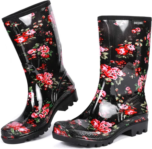 DKSUKO Waterproof Womens Rain Boots insulated,Lightweight Rubber fashion Boots in Gardening,Warm and Comfortable Wide Calf Rain Boots with Glossy in