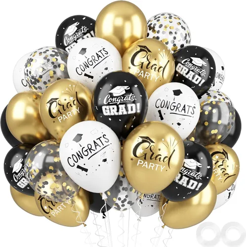 FEYG Globos de graduación, 52 piezas, 12 pulgadas, negro dorado graduación, estampado graduación, clase de 2025, decoraciones de fiesta de graduación