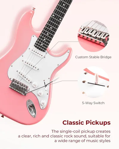 Miniatura 4 de Vangoa - Kit de guitarra eléctrica de tamaño completo de 39 pulgadas para principiantes, cuerpo sólido, color rosa, con pastillas SSS, amplificador