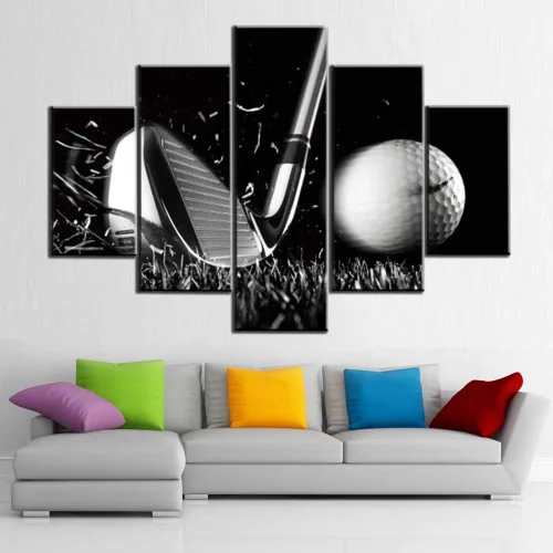 Miniatura 14 de Piezas de golf para decoración de pared, pinturas en blanco y negro, arte de pared para sala de estar, golf, deportes, obras de arte de 5 piezas