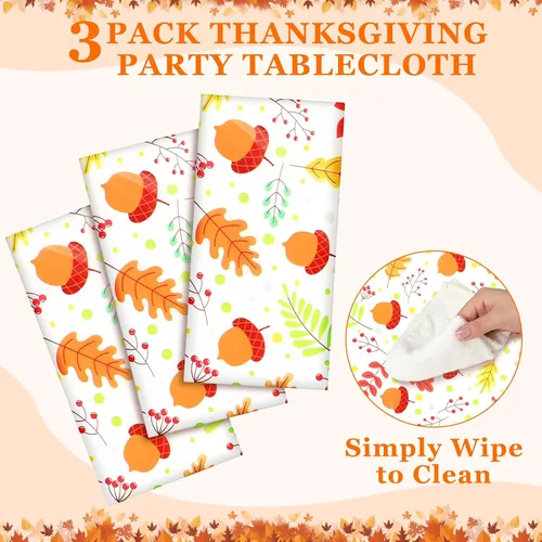 Miniatura 4 de Newwiee Paquete de 3 manteles de Acción de Gracias de 108 x 54 pulgadas, manteles de plástico desechables de otoño, mantel rectangular impermeable