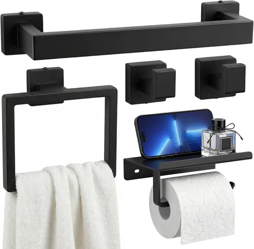 Tudoccy Juego de 5 piezas de accesorios de baño de acero inoxidable SUS304 redondo montado en la pared, incluye barra de toalla de mano de 16 Negro