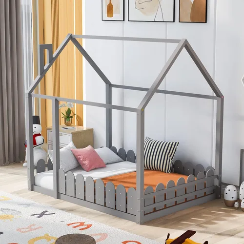 Miniatura 11 de Bellemave Cama de casa Queen con techo de madera, camas Montessori para niños, marco de cama de piso de madera para niñas, niños, adolescentes y Gris