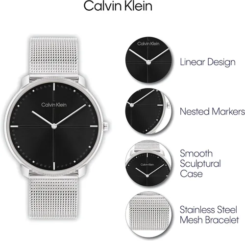 Miniatura 4 de Calvin Klein Reloj unisex de cuarzo de acero inoxidable y pulsera de malla, color plateado (modelo 25200152), plateado