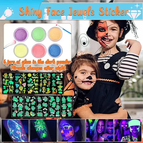 Miniatura 4 de TEUVO Kit de tatuaje con purpurina para niños con polvo de purpurina de 50 colores, 132 plantillas, 10 calcomanías luminosas, 6 polvos que brillan