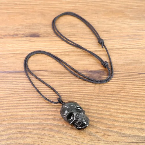 Miniatura 5 de COAI Collar con colgante de piedra de obsidiana negra, joyería de calavera, Piedra, obsidiana