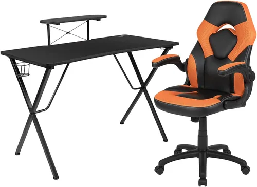 Miniatura 74 de Flash Furniture Juego de escritorio para juegos negro y silla de carreras blanco/negro con soporte para tazas, gancho para auriculares y soporte