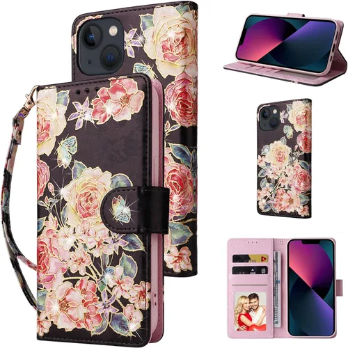 UEEBAI Funda tipo cartera para iPhone 13 de 6.1 pulgadas, funda de cuero PU con soporte, bloqueo RFID, función atril, ranuras para tarjetas, correa