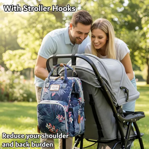 Miniatura 6 de Mochila floral para pañales con puerto de carga USB, correas para cochecito y bolsillo aislado, mochila de viaje para mujeres/madres