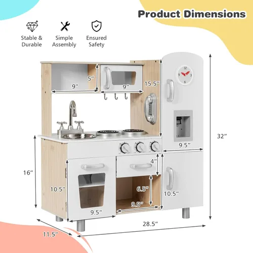 Miniatura 7 de KOTEK Juego de cocina para niños, juego de cocina de madera para niños pequeños con dispensador de agua con luces sonidos, estufa, horno, nevera
