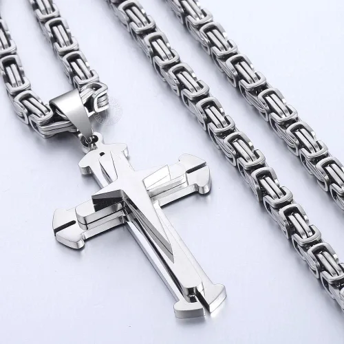 Miniatura 8 de Trendsmax - Collar con colgante de cruz para hombre, acero inoxidable, cadena bizantina de 22 24 26 28 30 pulgadas
