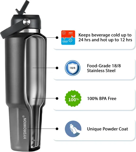 Miniatura 5 de HYDROWION Botella de agua aislada de 32 onzas, soporte para botella de agua para automóvil, botella de viaje aislada al vacío de doble pared