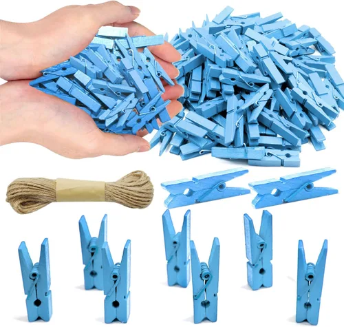 Miniatura 10 de Mini Pinzas de Ropa de 1.35 Pulgadas para Fotos, 100 Piezas con 32 Pies de Cordel de Yute, Mini Pinzas de Ropa para Manualidades, Pequeñas Pinzas