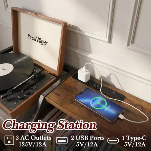 Miniatura 4 de Faesun Soporte grande para tocadiscos de 51.7 pulgadas con almacenamiento de discos de vinilo y tomas de corriente, gabinete de almacenamiento