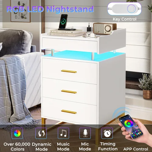 Miniatura 7 de BTHFST Mesita de noche LED con estación de carga, mesita grande con 3 cajones y 1 bandeja extraíble, mesa de noche moderna con luces LED, mesa