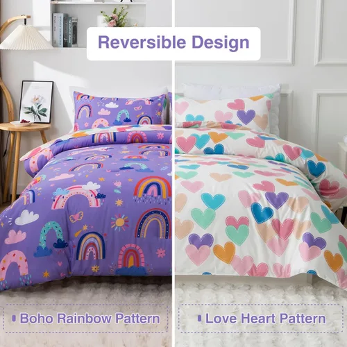 Miniatura 4 de Holawakaka Juego de edredón bohemio de arcoíris individual con sábanas, juego de ropa de cama bohemio de 5 piezas con corazón y estrella para niñas
