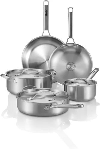 Juego de utensilios de cocina de acero inoxidable, 8 piezas de ollas y sartenes de capa triple, libre de PFOA y PTFE, apto para lavavajillas y